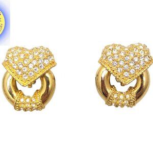 Vintage Signed Escada Goldtone Rhinestone Heart Doorknocker Clip Earrings
